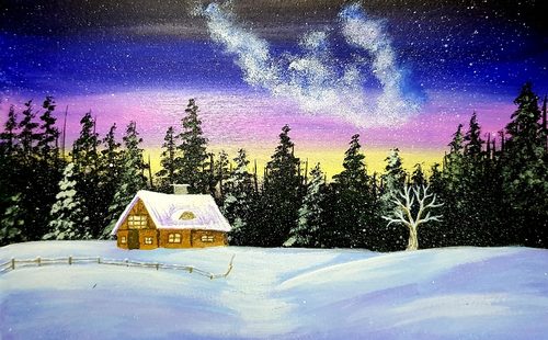 Lorna, woodland cabin, acrylic.